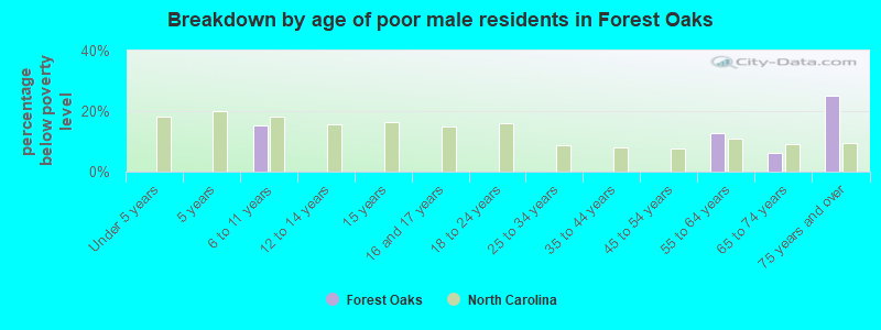 Breakdown by age of poor male residents in Forest Oaks