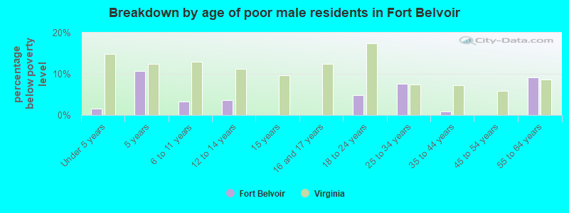 Breakdown by age of poor male residents in Fort Belvoir
