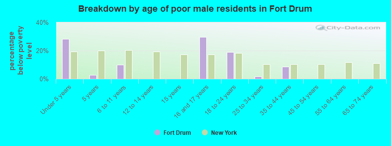 Breakdown by age of poor male residents in Fort Drum