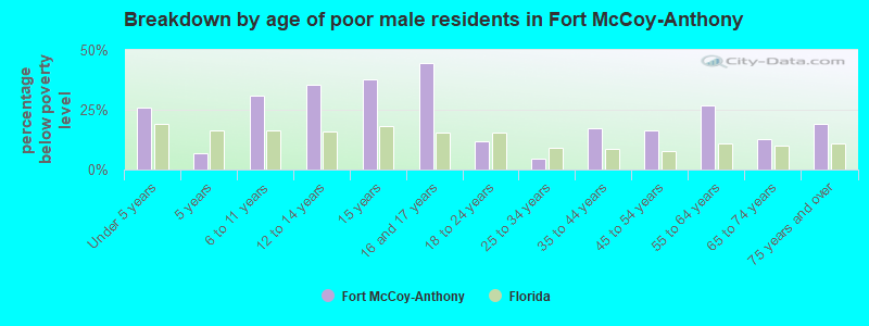 Breakdown by age of poor male residents in Fort McCoy-Anthony