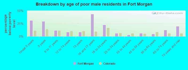 Breakdown by age of poor male residents in Fort Morgan