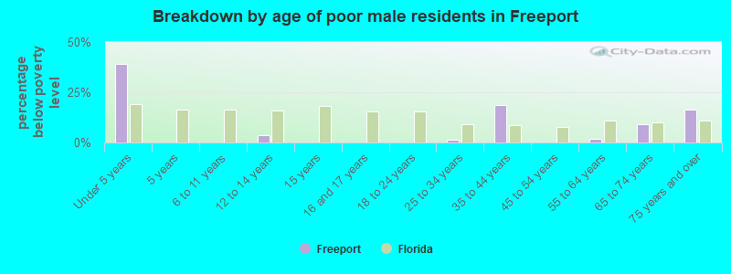 Breakdown by age of poor male residents in Freeport
