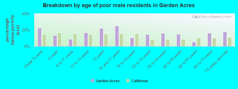 Breakdown by age of poor male residents in Garden Acres