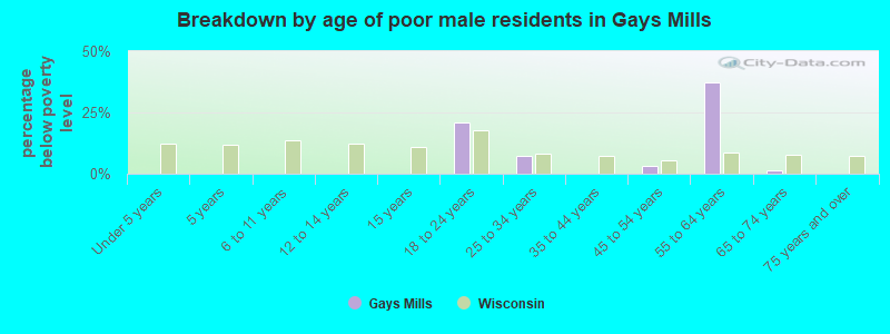 Breakdown by age of poor male residents in Gays Mills