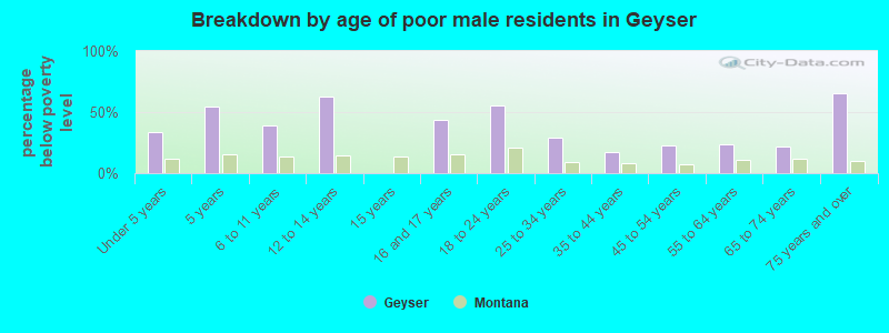 Breakdown by age of poor male residents in Geyser