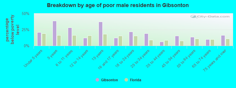 Breakdown by age of poor male residents in Gibsonton