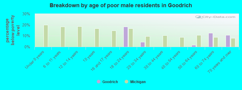 Breakdown by age of poor male residents in Goodrich