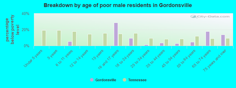 Breakdown by age of poor male residents in Gordonsville