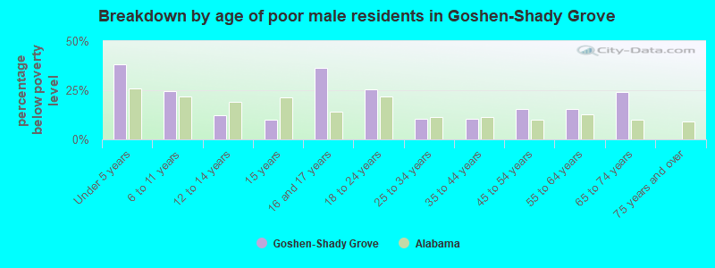 Breakdown by age of poor male residents in Goshen-Shady Grove