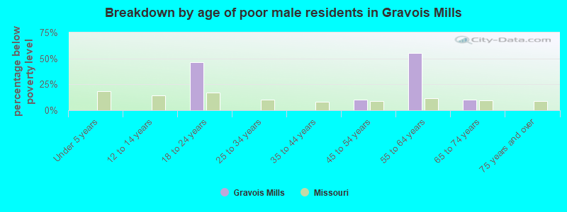 Breakdown by age of poor male residents in Gravois Mills