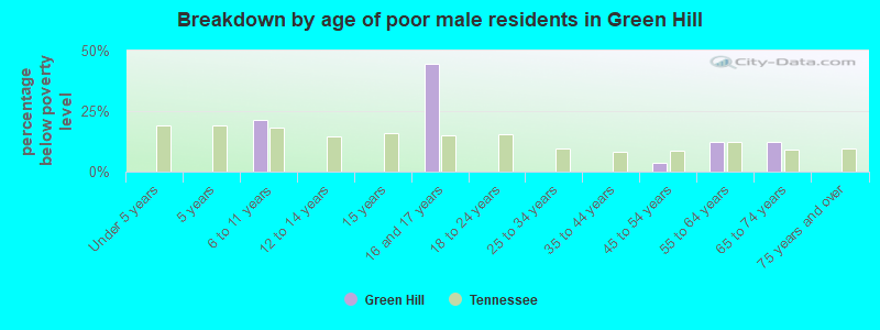 Breakdown by age of poor male residents in Green Hill