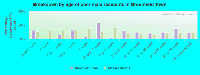 Breakdown by age of poor male residents in Greenfield Town
