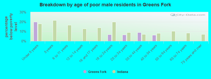 Breakdown by age of poor male residents in Greens Fork