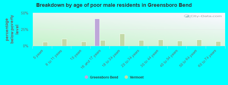 Breakdown by age of poor male residents in Greensboro Bend