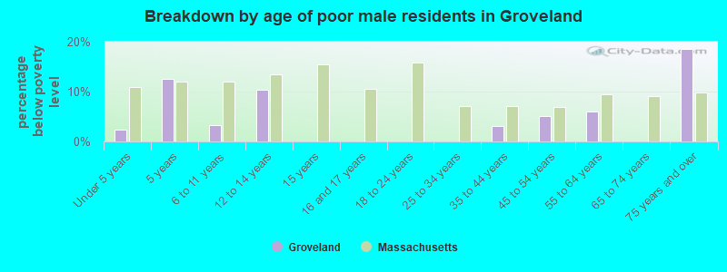 Breakdown by age of poor male residents in Groveland
