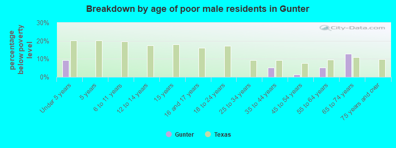 Breakdown by age of poor male residents in Gunter