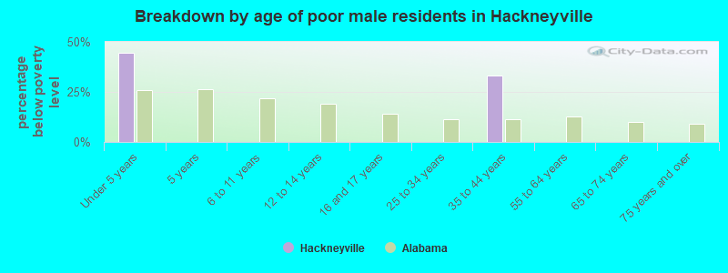 Breakdown by age of poor male residents in Hackneyville