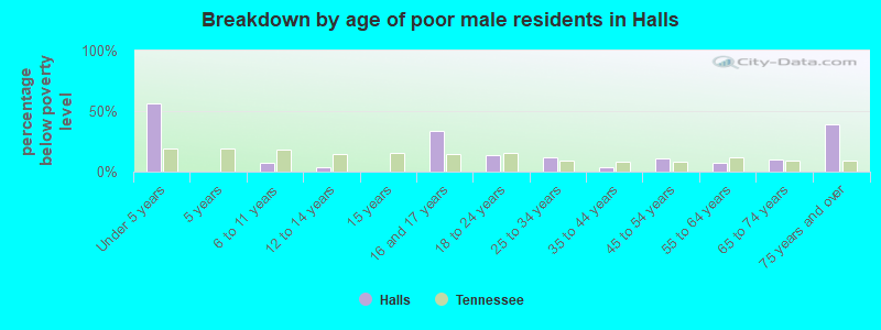 Breakdown by age of poor male residents in Halls