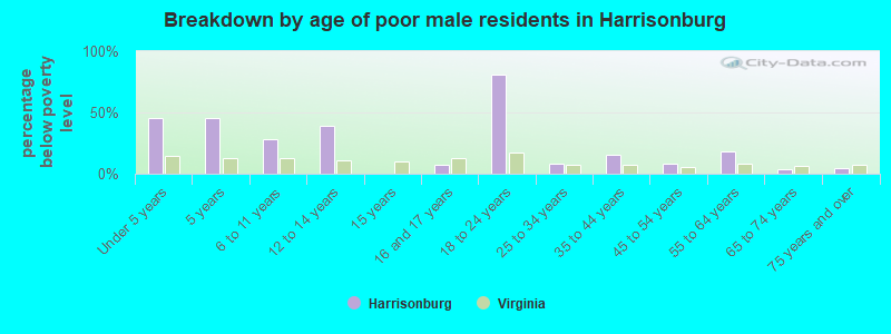 Breakdown by age of poor male residents in Harrisonburg