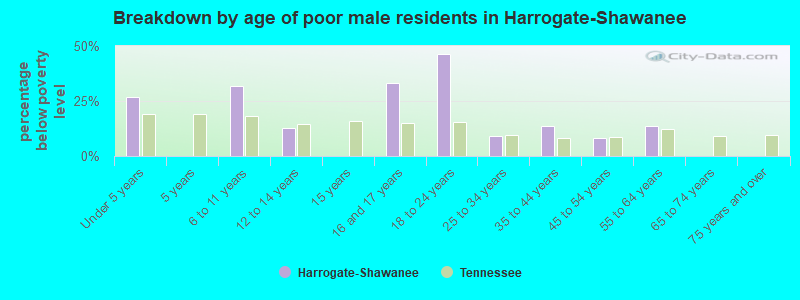 Breakdown by age of poor male residents in Harrogate-Shawanee