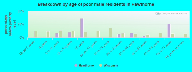 Breakdown by age of poor male residents in Hawthorne