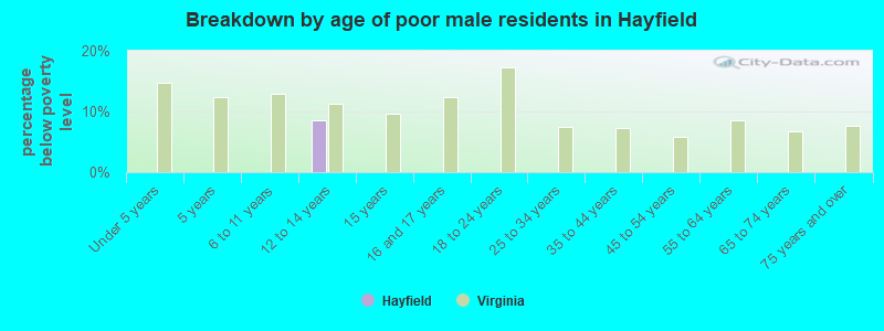 Breakdown by age of poor male residents in Hayfield