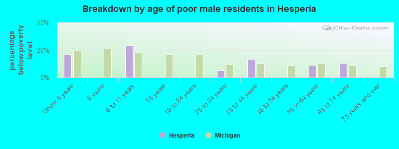 Breakdown by age of poor male residents in Hesperia