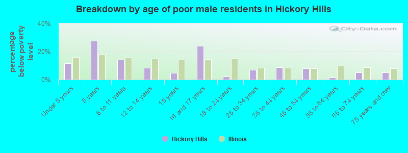 Breakdown by age of poor male residents in Hickory Hills