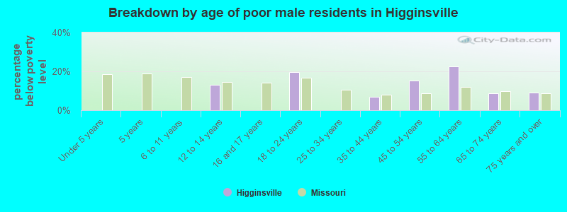 Breakdown by age of poor male residents in Higginsville