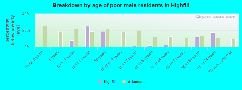 Breakdown by age of poor male residents in Highfill