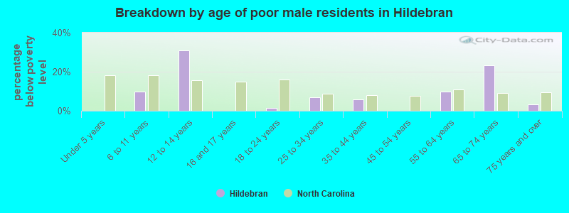 Breakdown by age of poor male residents in Hildebran