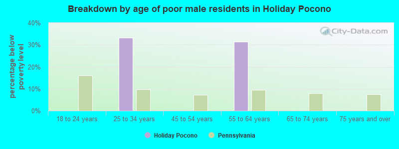 Breakdown by age of poor male residents in Holiday Pocono