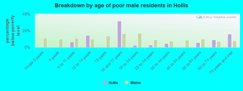 Breakdown by age of poor male residents in Hollis