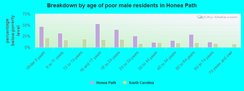 Breakdown by age of poor male residents in Honea Path