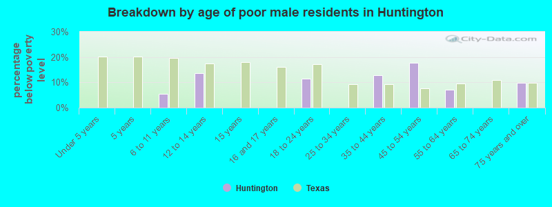 Breakdown by age of poor male residents in Huntington
