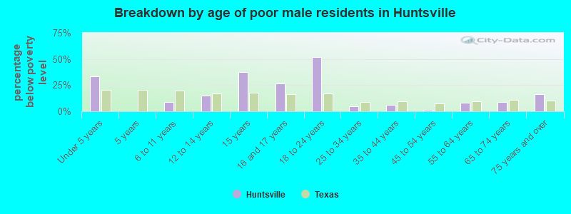 Breakdown by age of poor male residents in Huntsville