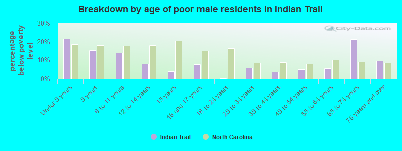 Breakdown by age of poor male residents in Indian Trail