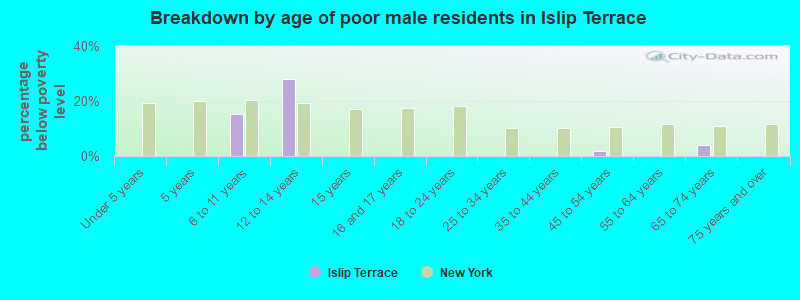 Breakdown by age of poor male residents in Islip Terrace
