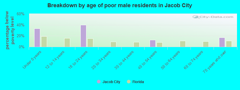 Breakdown by age of poor male residents in Jacob City