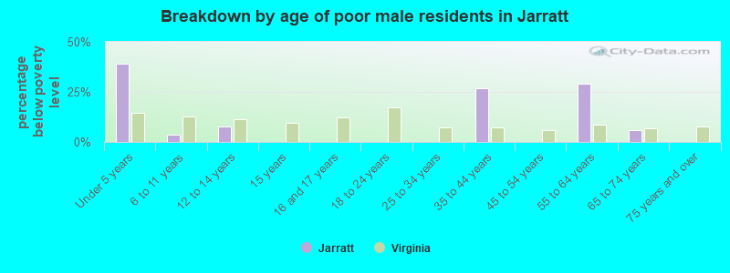 Breakdown by age of poor male residents in Jarratt