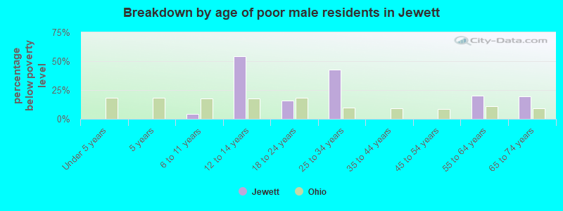 Breakdown by age of poor male residents in Jewett
