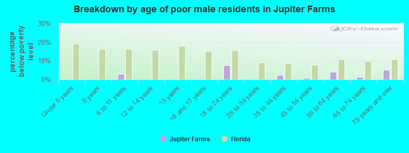 Breakdown by age of poor male residents in Jupiter Farms