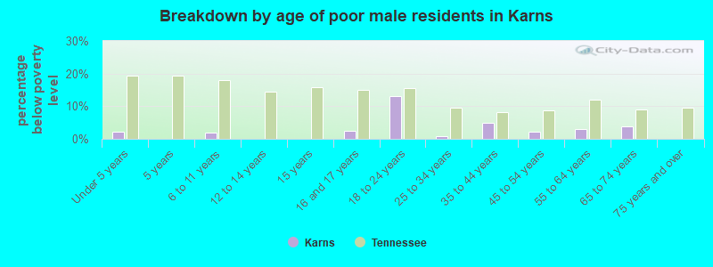 Breakdown by age of poor male residents in Karns