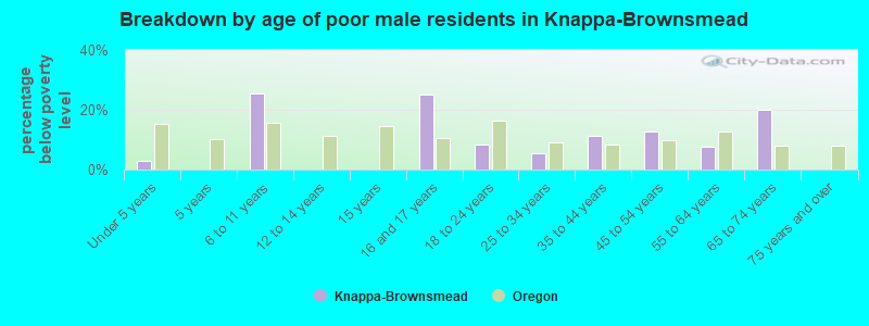 Breakdown by age of poor male residents in Knappa-Brownsmead