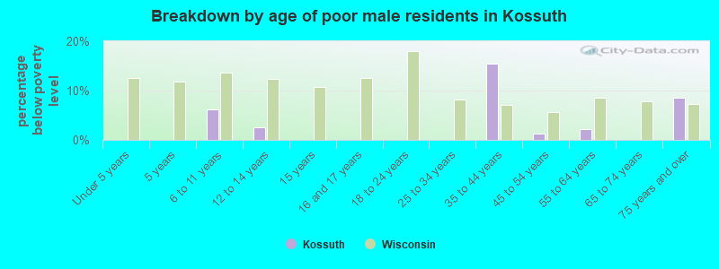 Breakdown by age of poor male residents in Kossuth