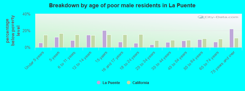 Breakdown by age of poor male residents in La Puente