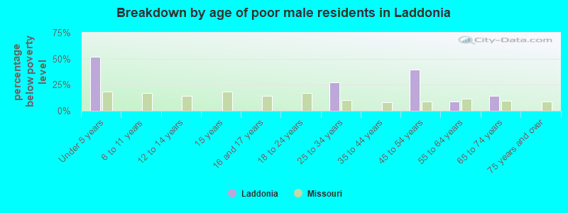 Breakdown by age of poor male residents in Laddonia
