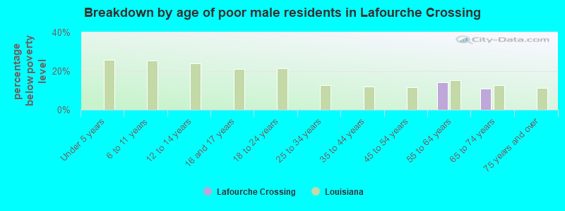 Breakdown by age of poor male residents in Lafourche Crossing