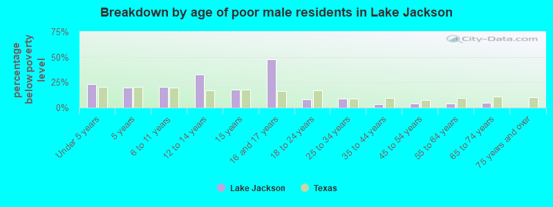 Breakdown by age of poor male residents in Lake Jackson