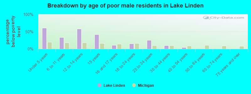 Breakdown by age of poor male residents in Lake Linden